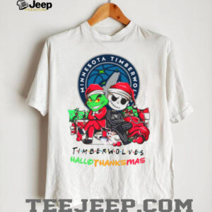 Official Baby Grinch And Jack Skellington Minnesota Timberwolves Logo Hallothanksmas 2024 T Shirt