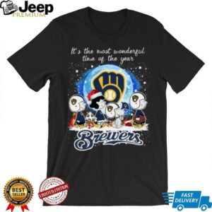 Official It’s The Most Wonderful Time Of The Years Peanuts Characters Milwaukee Brewers Merry Christmas Shirt