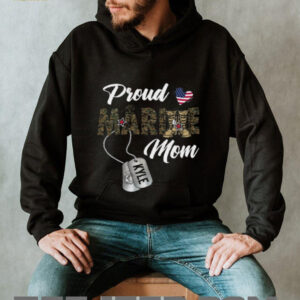Proud Marine Mom with American Flag Heart and Dog Tags T Shirt