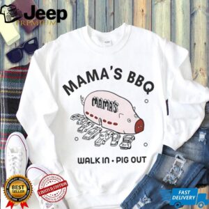 Rob Mac wearing Mama’s BBQ walk in pig out shirt