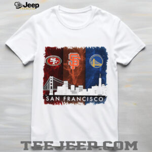 San Francisco sports teams Giants Warriors 49ers city skyline shirt