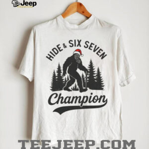 Sasquatch Santa hat Forest Hide Six Seven Champion shirt