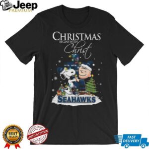 Seattle Seahawks Snoopy Begins With Christ And Friends Peanuts Christmas Shirt