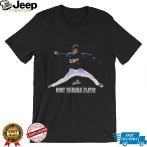 Yoshinobu Yamamoto baseball throw Los Angeles Dodgers World Series Most Valuable Player shirt