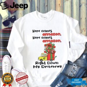 Baby Yoda here comes amazon here comes amazon right down my driveway Christmas shirt