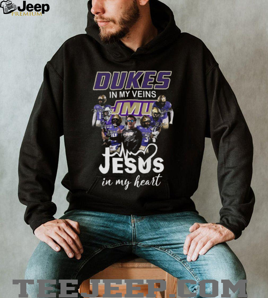 Dukes in My Veins, Jesus in My Heart JMU Football T Shirt Dukes in My Veins, Jesus in My Heart JMU Football T Shirt