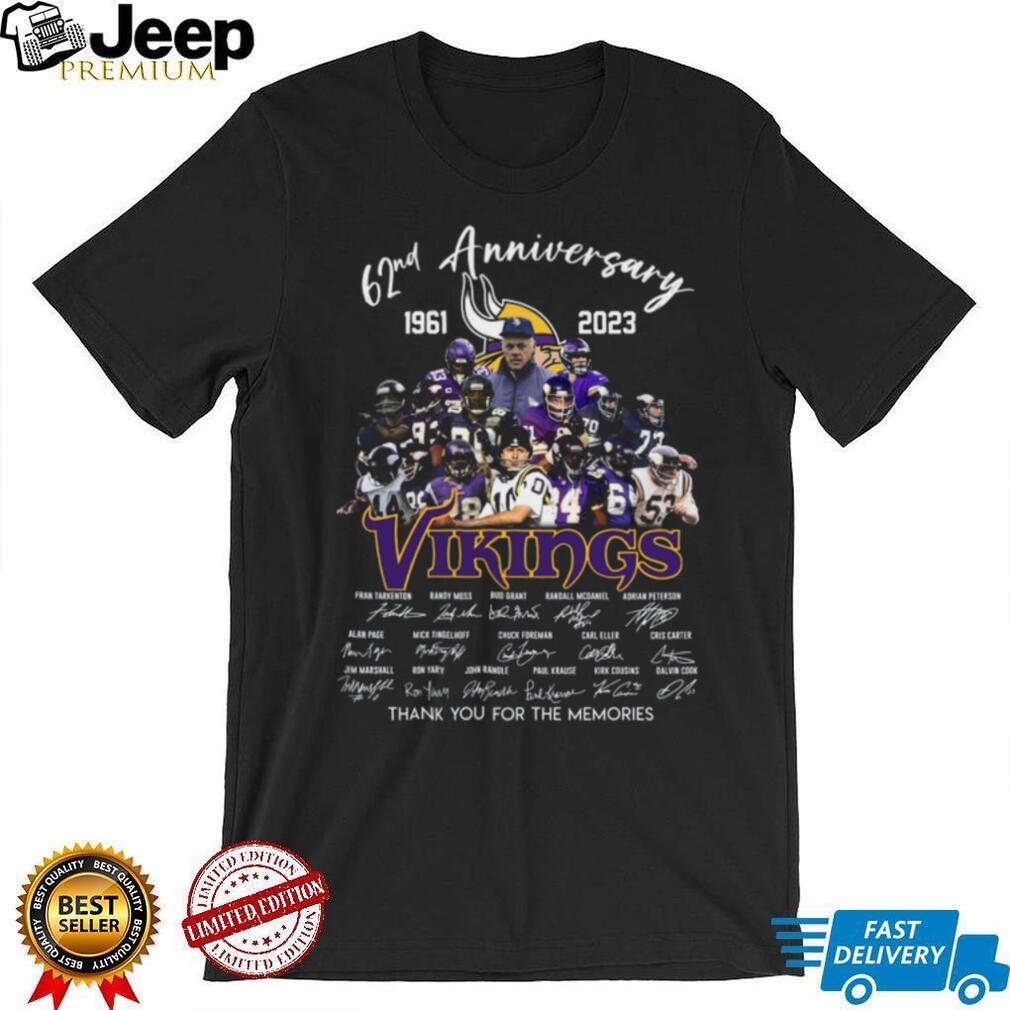 Minnesota Vikings 62nd Anniversary 1961 2023 T Shirt Thank You For The Memories, Player Signatures & Roster Tee Minnesota Vikings 62nd Anniversary 1961 2023 T Shirt Thank You For The Memories, Player Signatures & Roster Tee
