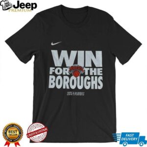 Tyler Kolek wearing Win For The Boroughs 2025 Playoffs New York Knicks shirt