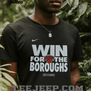 Tyler Kolek wearing Win For The Boroughs 2025 Playoffs New York Knicks shirt