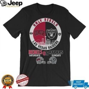 UNLV Rebels and Las Vegas Raiders ‘Rebels on Raiders’ Crossover T Shirt UNLV Rebels and Las Vegas Raiders ‘Rebels on Raiders’ Crossover T Shirt