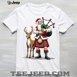 Womens Scottish Santa Playing Bagpipes with Reindeer Christmas Tee V Neck T Shirt