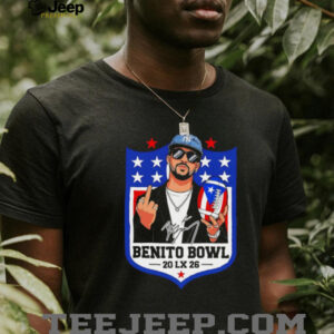 Bad Bunny middle finger I’m Here for the Benito Bowl 20 LX 26 NFL logo signature t shirt