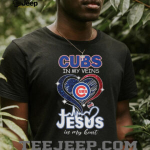 Chicago Cubs In My Veins Jesus In My Heart Baseball Fan Distressed Heart T Shirt
