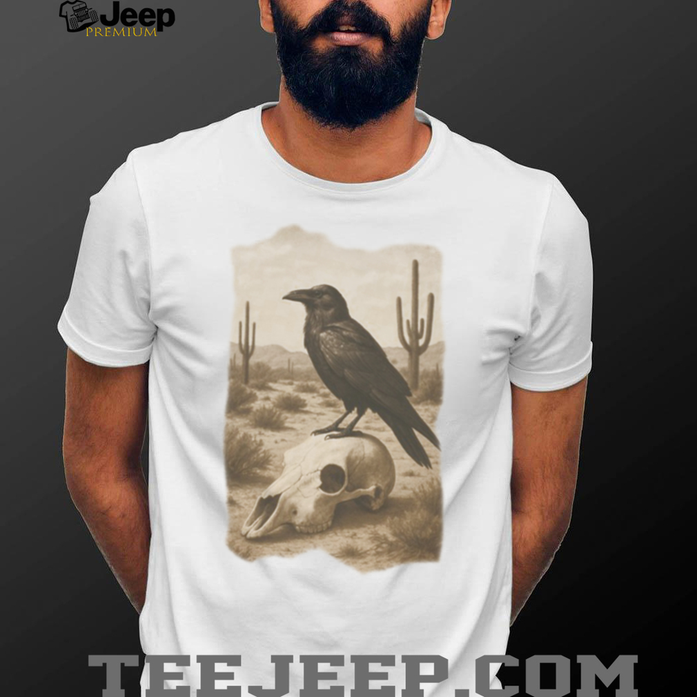 Desert Raven on Animal Skull Western Gothic Aesthetic T Shirt Desert Raven on Animal Skull Western Gothic Aesthetic T Shirt