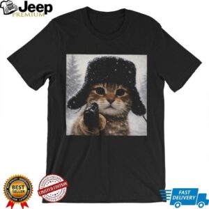 Funny Gangster Cat with Gun in Snow Russian Hat Graphic T Shirt