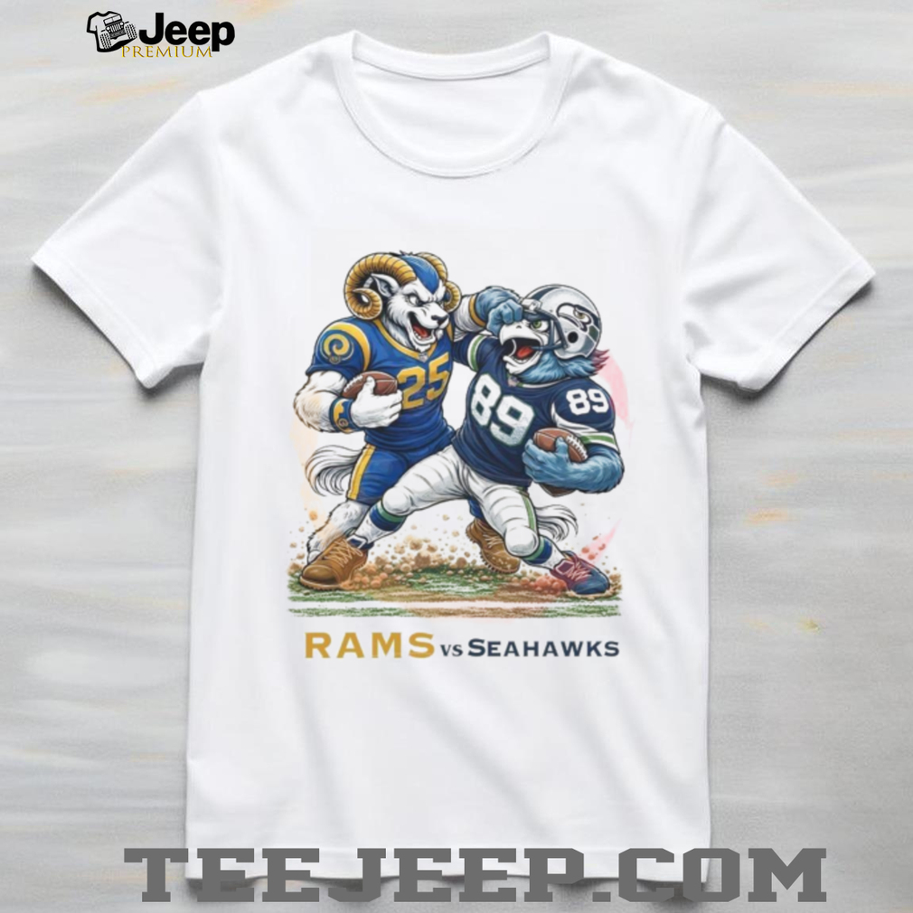 Los Angeles Rams vs Seattle Seahawks Stiff Arm Mascot Battle T Shirt Los Angeles Rams vs Seattle Seahawks Stiff Arm Mascot Battle T Shirt