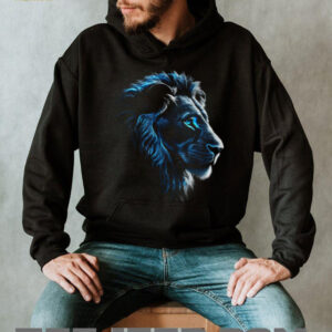 Majestic Blue Fire Lion Graphic Art Black T Shirt