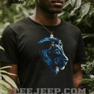 Majestic Blue Fire Lion Graphic Art Black T Shirt