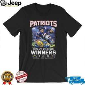 New England Patriots 2025 AFC Wild Card Winners Score 16 3 Los Angeles Chargers Mascot Jan 11 2026 Unisex T shirt New England Patriots 2025 AFC Wild Card Winners Score 16 3 Los Angeles Chargers Mascot Jan 11 2026 Unisex T shirt