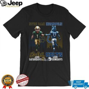 Notre Dame Fighting Irish on Saturdays vs Indianapolis Colts on Sundays mascot skyline shirt. Notre Dame Fighting Irish on Saturdays vs Indianapolis Colts on Sundays mascot skyline shirt.