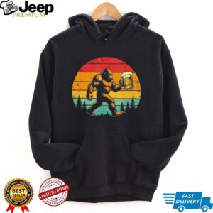 Retro Bigfoot Carrying Beer Mug Sunset Forest Silhouette T Shirt