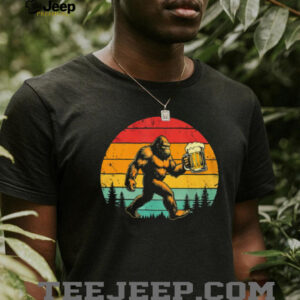 Retro Bigfoot Carrying Beer Mug Sunset Forest Silhouette T Shirt