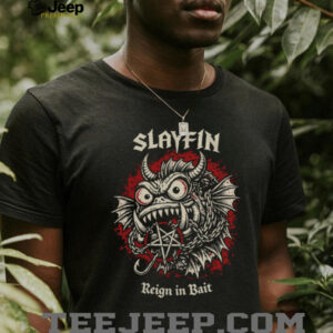 Slayfin Metal Parody T Shirt “Reign In Bait” Heavy Metal Fishing Graphic