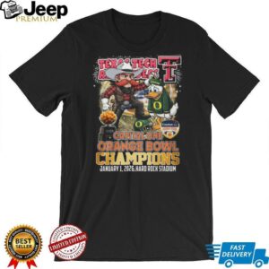 Texas Tech Red Raiders 2026 Orange Bowl Champions Mascot Vs Duck Victory Tee Texas Tech Red Raiders 2026 Orange Bowl Champions Mascot Vs Duck Victory Tee