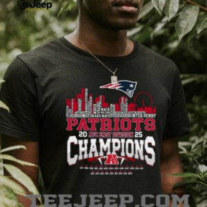 New England Patriots AFC East Division Champions 2025 Skyline Roster T Shirt New England Patriots AFC East Division Champions 2025 Skyline Roster T Shirt
