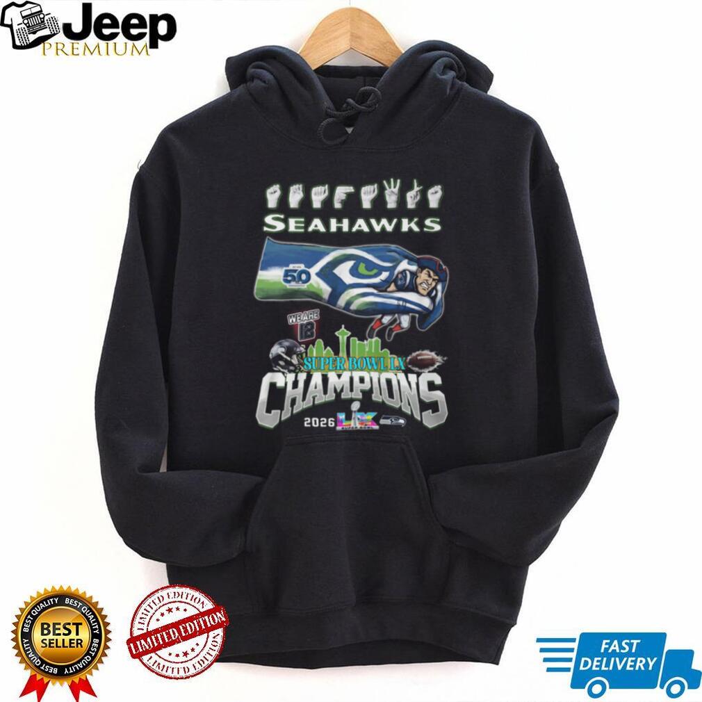 Seattle Seahawks Super Bowl LX Champions 2026 Commemorative Graphic T Shirt Seattle Seahawks Super Bowl LX Champions 2026 Commemorative Graphic T Shirt