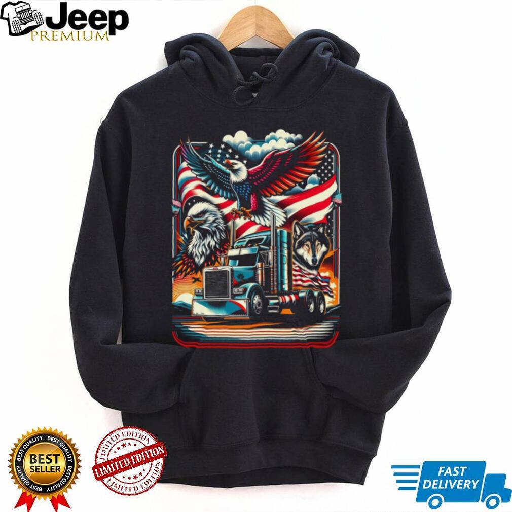 American Trucker Pride Eagle Wolf and Semi Truck US Flag Graphic Tee American Trucker Pride Eagle Wolf and Semi Truck US Flag Graphic Tee