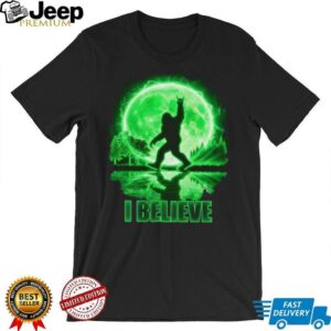 Bigfoot “I Believe” Neon Green Moon T Shirt Mythical Sasquatch Forest Tee
