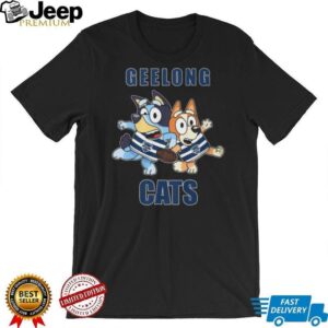 Bluey and Bingo Geelong Cats AFL Mascot Graphic T Shirt Bluey and Bingo Geelong Cats AFL Mascot Graphic T Shirt