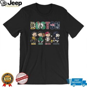 Boston Sports Teams Peanuts Snoopy Charlie Brown Bruins Celtics Red Sox Patriots T Shirt