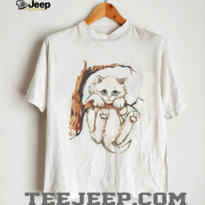 Cute Sad Kitten Hanging on Tree Branch Artistic Illustration T Shirt