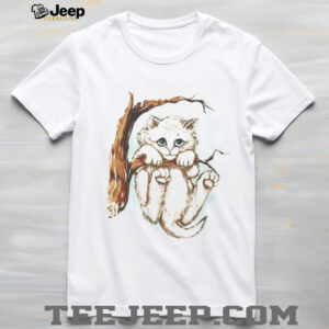 Cute Sad Kitten Hanging on Tree Branch Artistic Illustration T Shirt