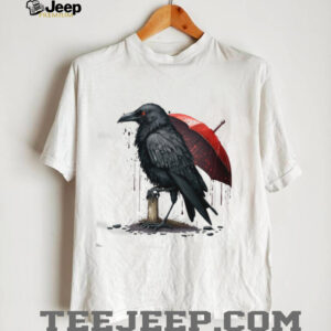 Dark Crow with Red Umbrella Gothic Ink Art T Shirt