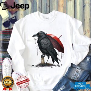 Dark Crow with Red Umbrella Gothic Ink Art T Shirt
