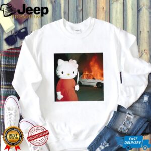 Edgy Cartoon Cat Holding Knife & Burning Car Aesthetic T Shirt
