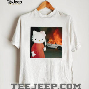 Edgy Cartoon Cat Holding Knife & Burning Car Aesthetic T Shirt