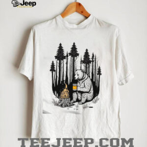 Grizzly Bear Drinking Coffee by the Campfire Forest T Shirt