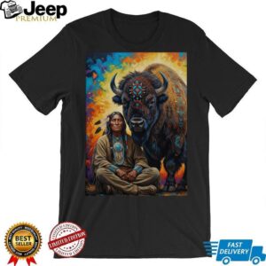 Indigenous Spirit Wisdom Sitting Warrior & Buffalo T shirt