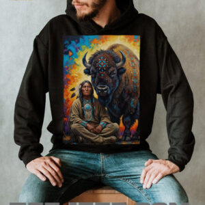 Indigenous Spirit Wisdom Sitting Warrior & Buffalo T shirt