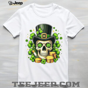 Irish Leprechaun Skull with Gold Coins and Clover Eyes T Shirt Irish Leprechaun Skull with Gold Coins and Clover Eyes T Shirt