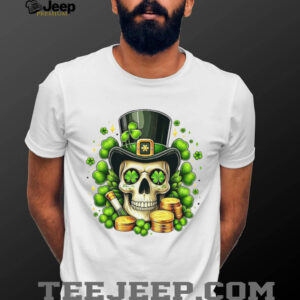Irish Leprechaun Skull with Gold Coins and Clover Eyes T Shirt