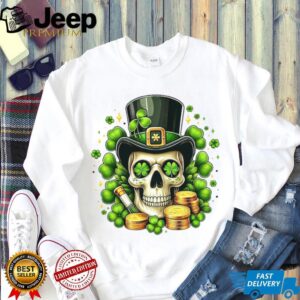 Irish Leprechaun Skull with Gold Coins and Clover Eyes T Shirt