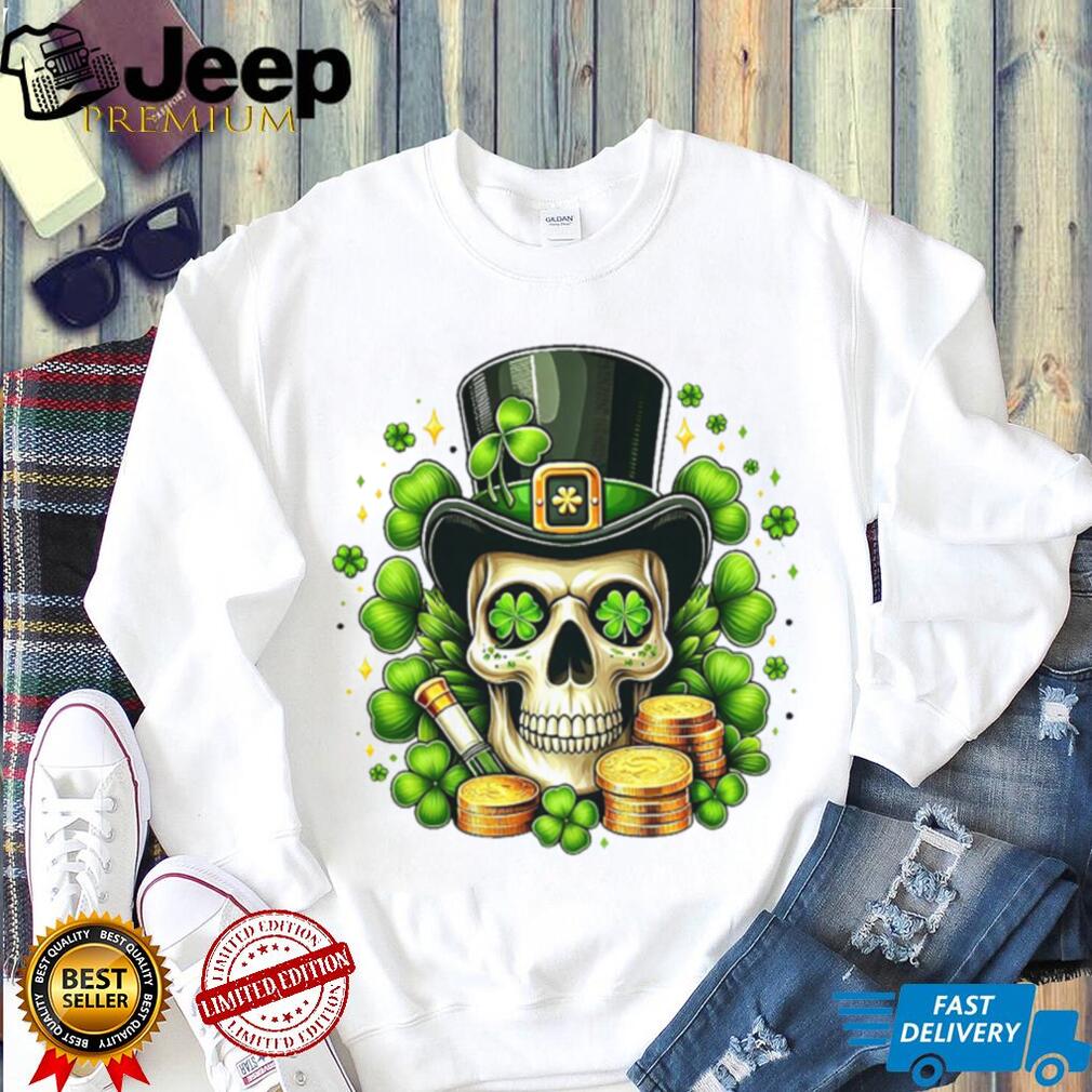 Irish Leprechaun Skull with Gold Coins and Clover Eyes T Shirt Irish Leprechaun Skull with Gold Coins and Clover Eyes T Shirt