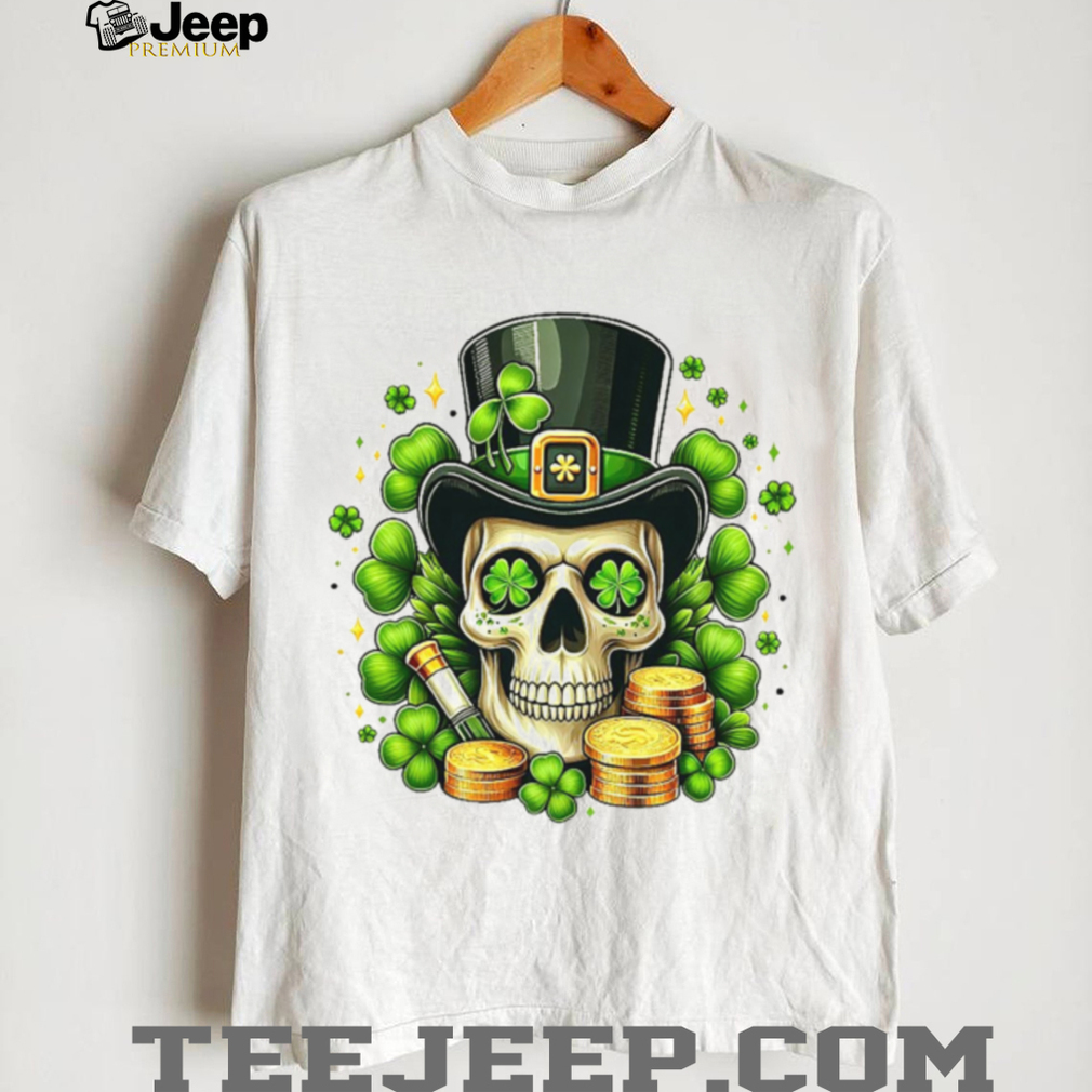 Irish Leprechaun Skull with Gold Coins and Clover Eyes T Shirt Irish Leprechaun Skull with Gold Coins and Clover Eyes T Shirt