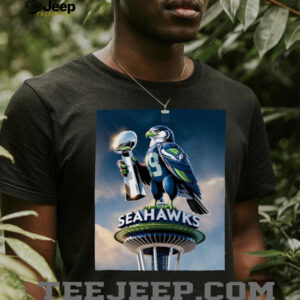 Majestic Hawk on Space Needle with Trophy Seattle Football Tee Majestic Hawk on Space Needle with Trophy Seattle Football Tee