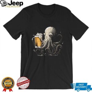 Octopus Holding Beer Mug Funny Nautical Illustration T Shirt